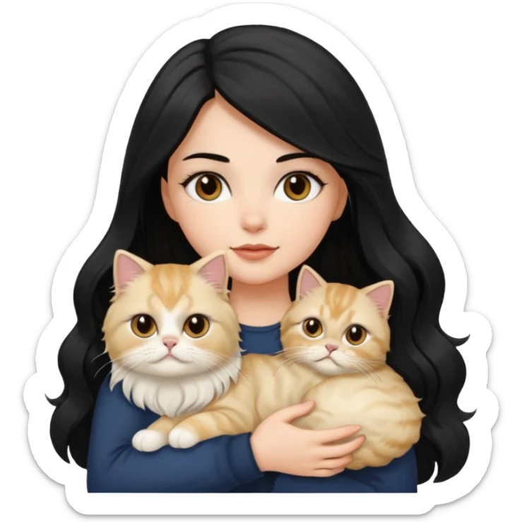 A white girl with brown eyes and black hair long downward wave is holding her blonde persian cat sticker