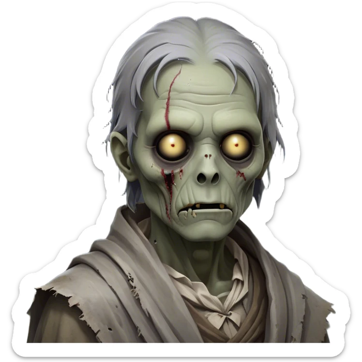 Cinematic Noble Zombie Portrait Emoji, Surprisingly dignified and somber, with a decaying yet strangely regal visage in ashen grays and muted tones, draped in tattered attire hinting at a lost grandeur, simplified yet meticulously detailed, glowing with a soft, eerie radiance and a gentle outline that evokes the tragic nobility of the undead! sticker
