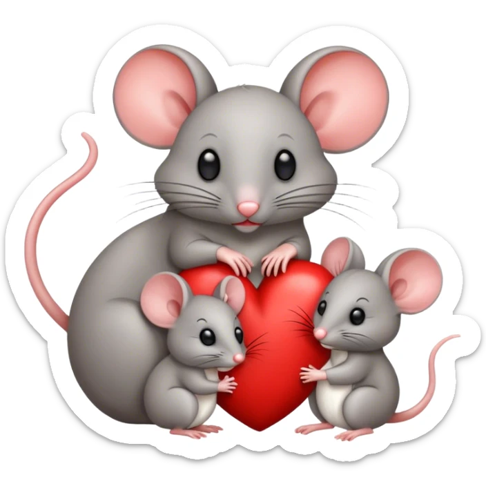 Two mice, a mother and a baby mouse in front of a big heart sticker