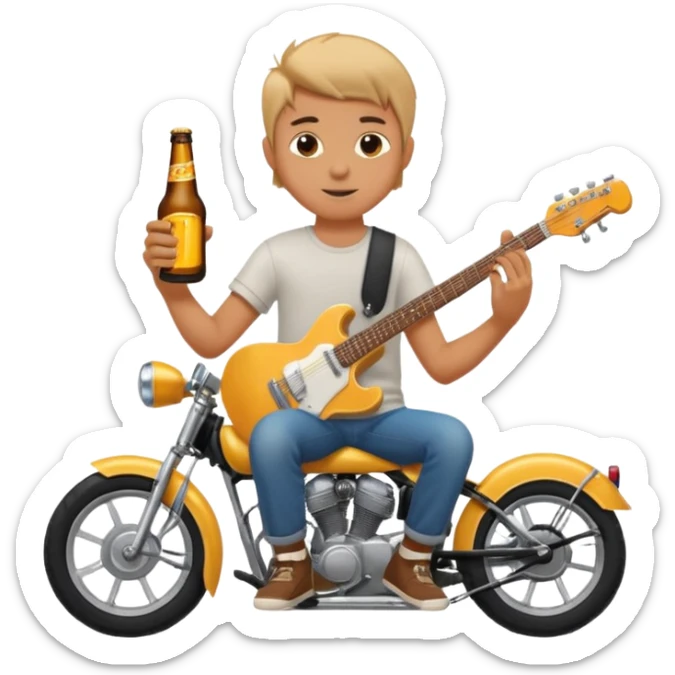 i need an emoji of a boy that is sitting on a crossmoter with a beer and an electric guitar in his hands sticker