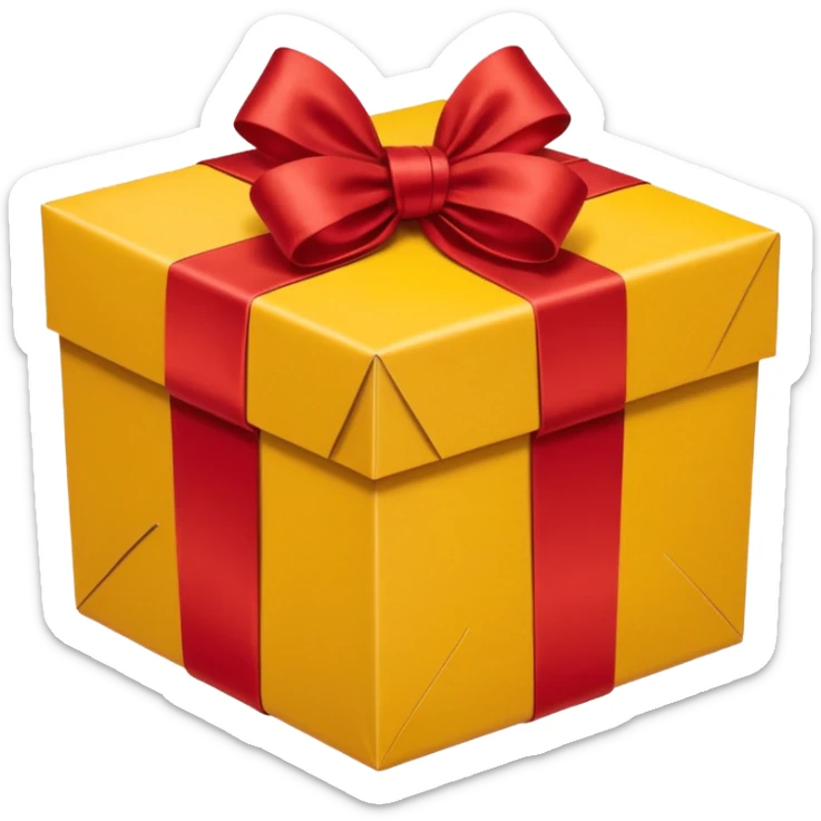 box with yellow wrapping paper and a length of red ribbon surrounding it on the ground so you can see most of the box's cardboard sticker