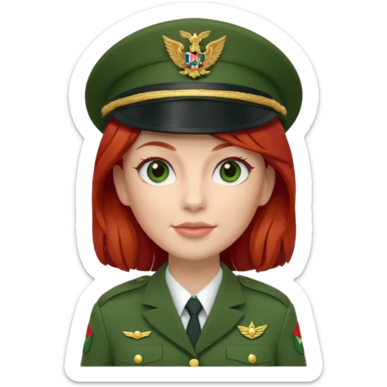 iOS Memoji style, white woman, red hair, green military officer uniform, peaked cap, 3D render, white background. sticker