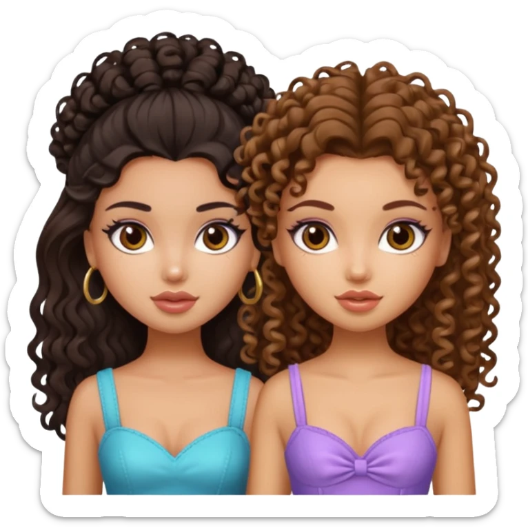 2 pretty bratz fair girls. One has straight brown hair and is tan. One is fair with curly black hair sticker