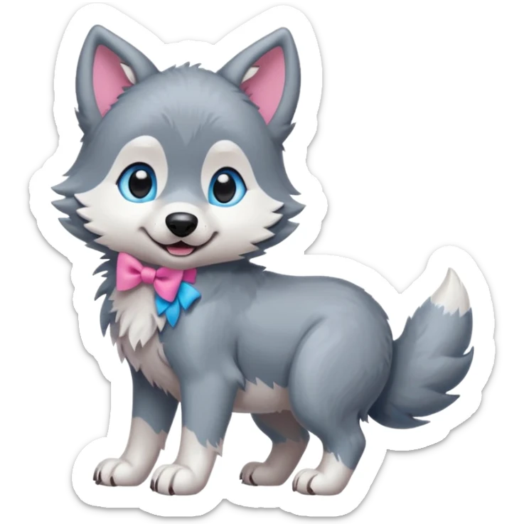 an animated gif-style sticker emote of a wolf puppy bent forward in a playful pose wagging its tail in a smooth, natural arc over its back. It has a pink bow in front of its ear and bright blue eyes sticker