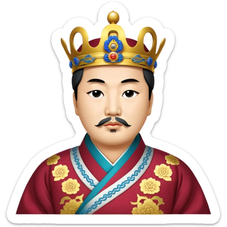 Cinematic Realistic King Sejong Portrait Emoji, depicted as a wise benevolent monarch in traditional Korean royal attire with a thoughtful gaze, rendered with intricate textures and regal soft lighting that captures his historical significance. sticker