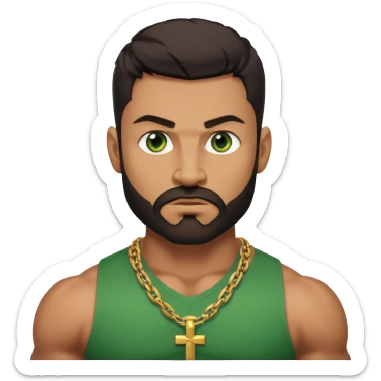 green eyes, dark short hair, muscular shoulders, wide cross, gold chain, big lips big nose big eyes, masculine good looking, dark beard, muscular strong looking sticker