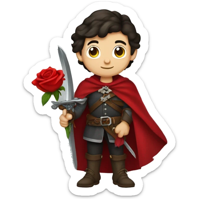 caucasian boy dark hair musketeer with red rose shoulder medieval cape and sword sticker