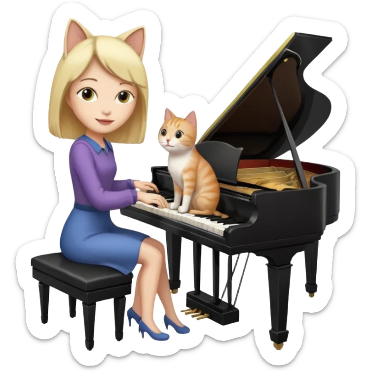 woman playing piano while her cat sits on top of the piano sticker