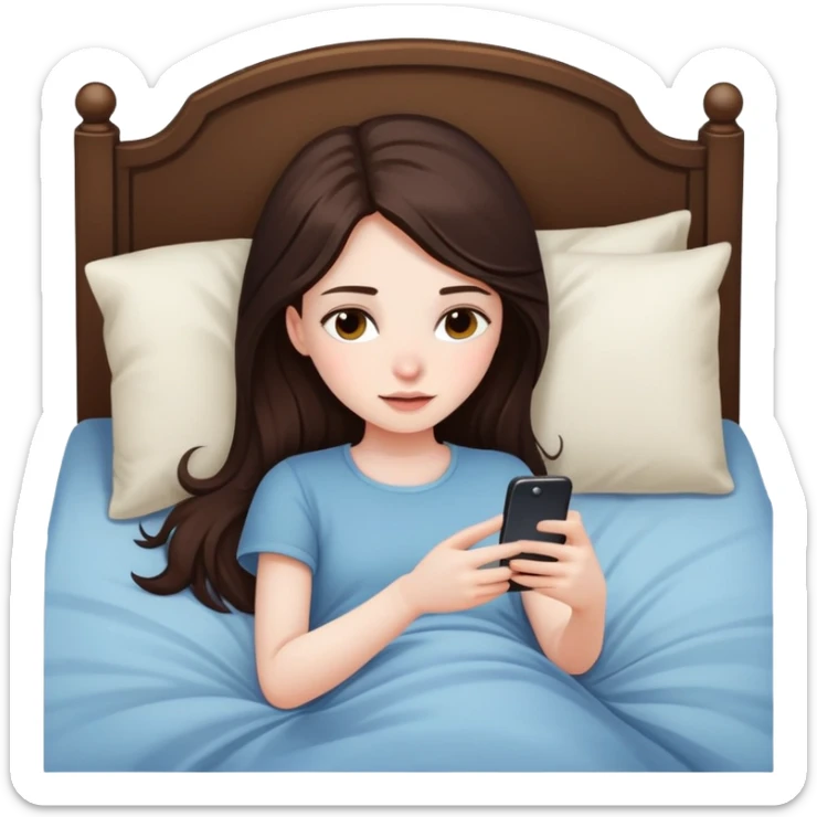 girl with long dark brown hair and pale laying in bed looking at her phone sticker