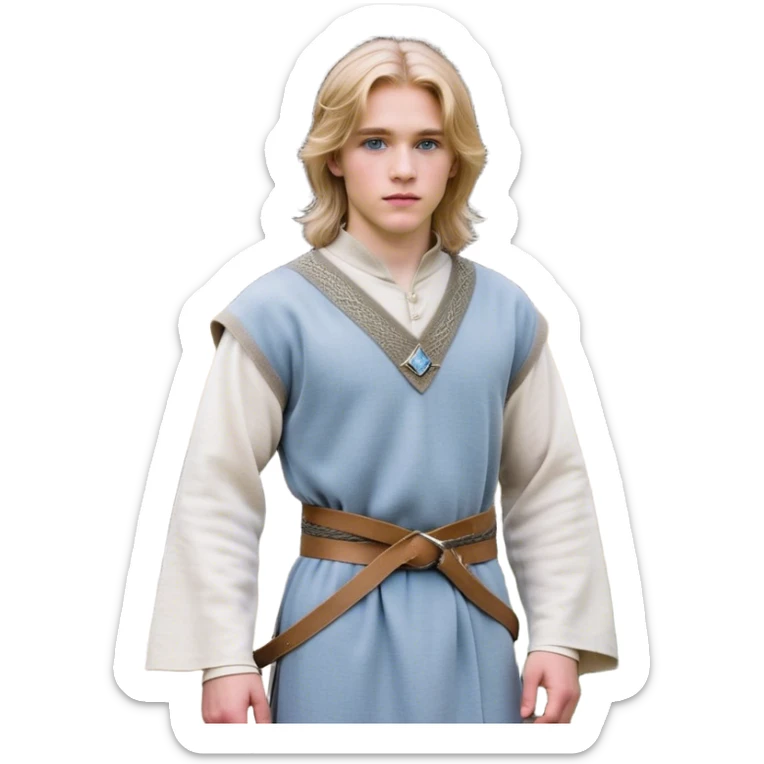 Medieval spring outfit worn by a DnD themed fantasy male character. Dove gray wool tunic with subtle silver threading at the edges, fastened with a woven belt of mixed natural fibers. Clothes only above the waist, full waist coverage. The character has no arms. Character is white-skinned with honey blonde hair, crystal blue eyes, and medium-length straight hair with wispy ends. sticker