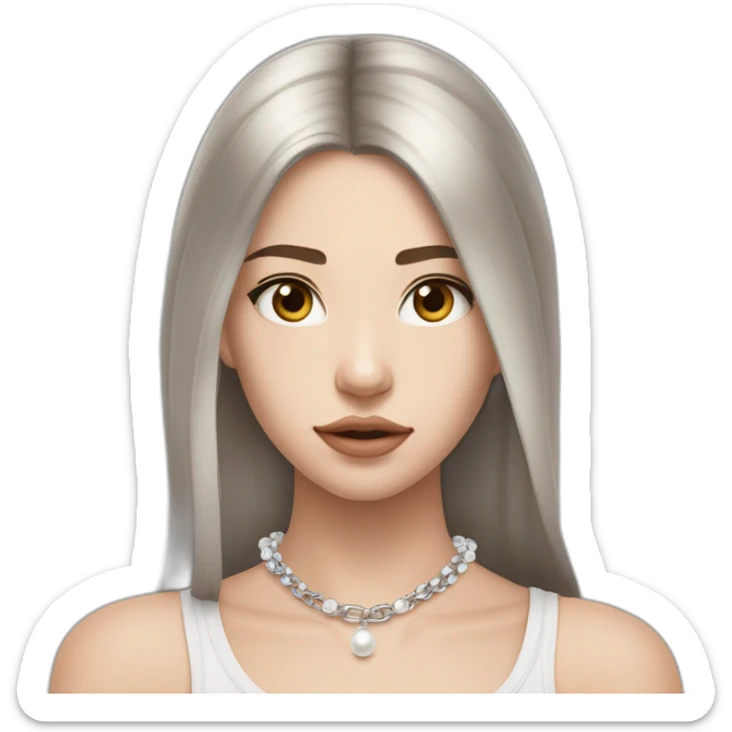 24 years old girl looking weary with white complexion and straight hair around armpit length with brown hair with silver and pearl chain necklace another layer of silver chain necklace sticker