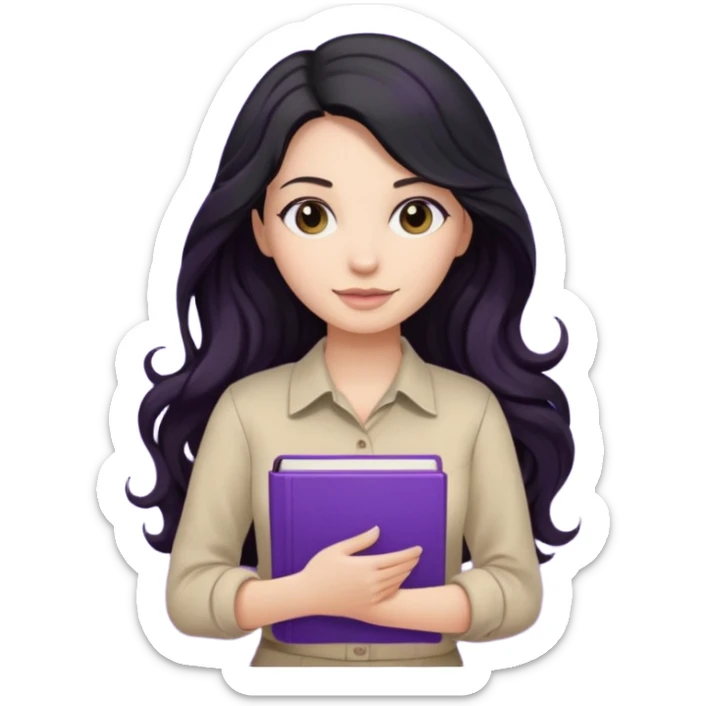 Long Hair Women with purple Book, Black wavy hair, beige shir, without background sticker