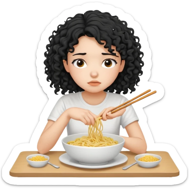 generate a pretty bratz fair skinned girl with curly black hair wearing a white tshirt sitting on a table with noodles. looking sleepy and tired sticker