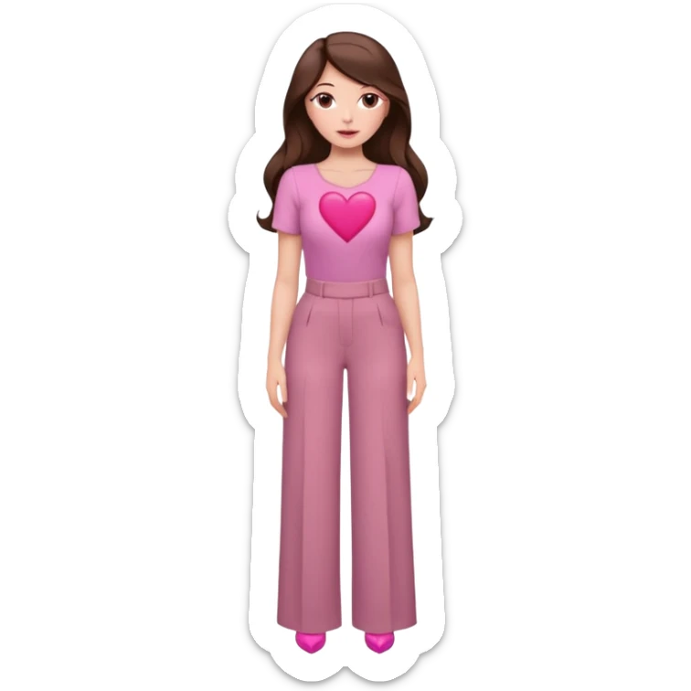  emoji, white person, inspired with brunette hair, brown eyes, long hair, heart shape lips and pink make up  and pink nails, mauve pink blush and brown wide leg pants, burgundy shoulder drop shirt, brown heels , princess hair, brown heels, no floating hearts  sticker