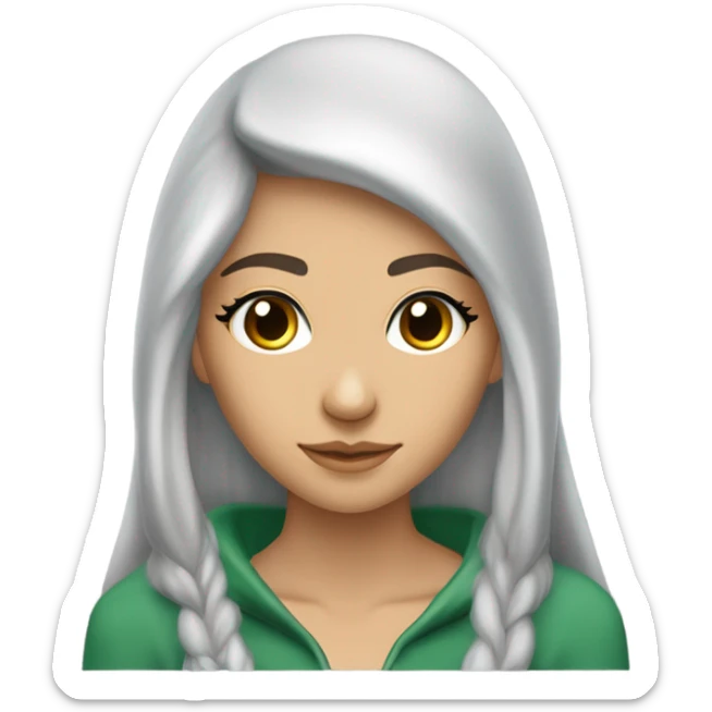 Jeune femme Elf de 18 ans avec de longs cheveux dans le dos et des mèches sur le visage, les cheveux gris clair, les yeux émeraude, une veste à capuche, une lance, qui manipule le vent, un regard de confiance sticker