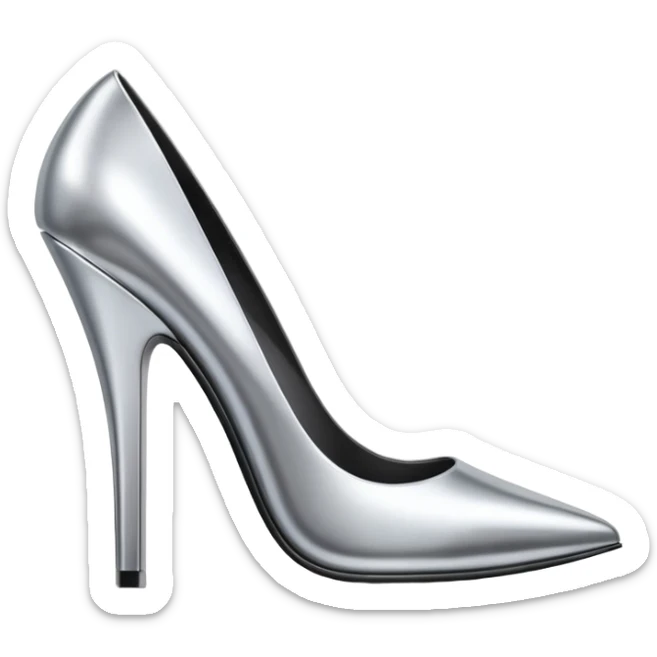 A pair of high heel shoes emoji made of polished silver chrome, elegant sharp silhouette, smooth metallic surface, glossy reflections, luxury sexy vibe, minimalistic iOS emoji style, centered, clean white background sticker