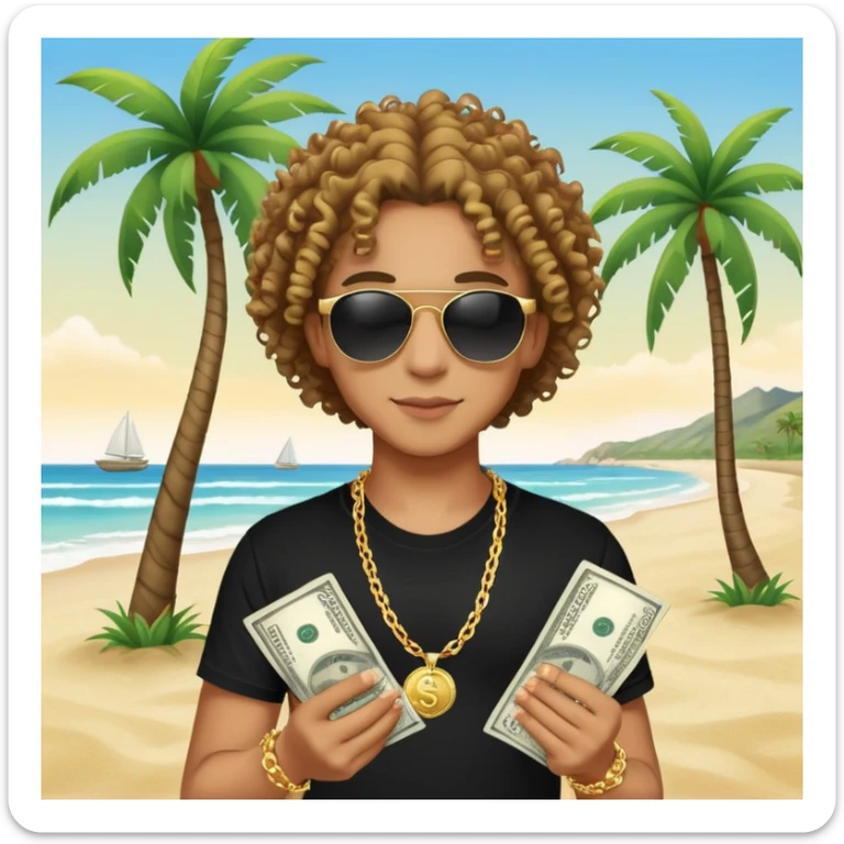 Mixed-race person with curly hair, black t-shirt, gold chain necklace, holding dollar bills in both hands, wearing black sunglasses, beach with palm trees in background sticker