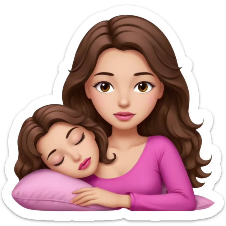 girl with long wavy brown hair, brown eyes, long lashes makeup, sexy pink lips, light to medium complexion, wearing a pink sexy top, sleeping sticker