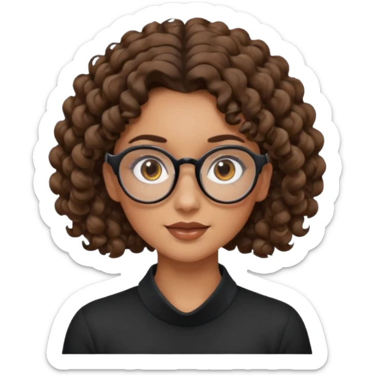 un chica con pelo rizado tiene hecha una coleta y con dos rizos sueltos en la parte de alante que le llega hasta el cuello. luego pil un poco morena ojos marrones y tiene gafas negras y son exagonales pero un poco redondeadas. sticker