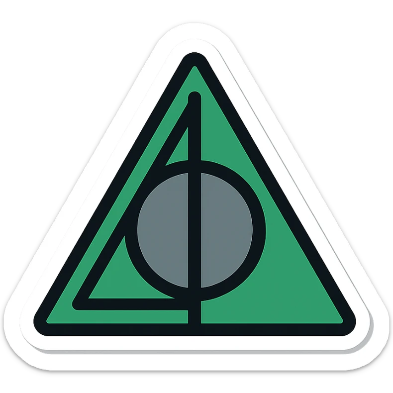 digital sticker of the Deathly Hallows symbol, semi-realistic vector art style, clean outlines, flat green, black, and gray colors, slight shadows, arranged for a sticker sheet sticker