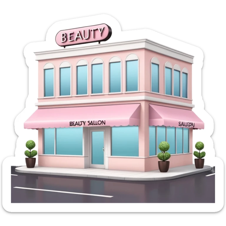 Modern beauty salon building with a stylish illuminated sign that says BEAUTY SALON on the front. Elegant exterior design, large clean windows, soft pastel colors, minimalistic decorations, welcoming atmosphere, daytime, high-quality detailed render sticker