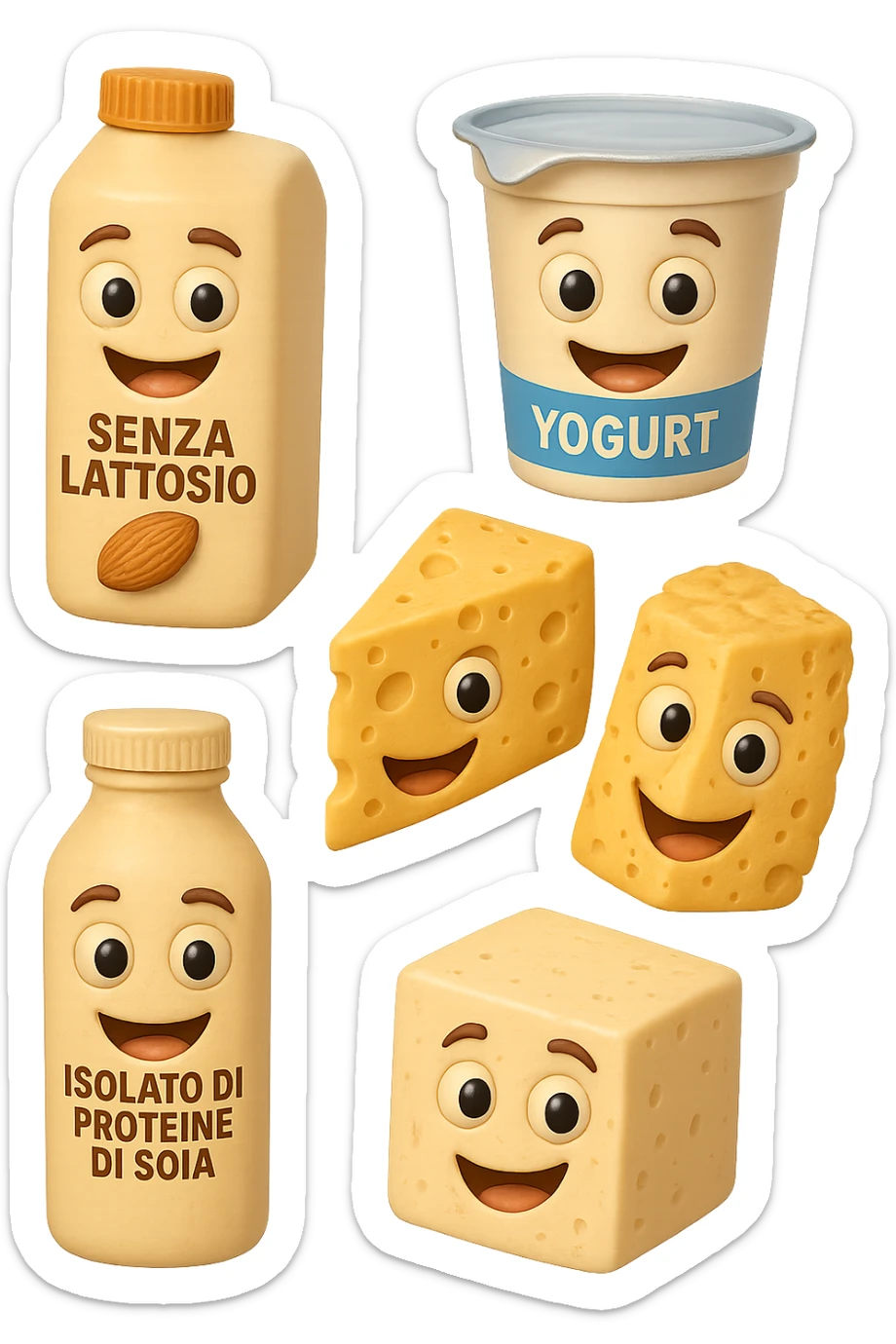 emoji stile iphone 3d di Latte e yogurt delattosati in italiano
Latte di mandorla (non zuccherato)
Latte di soia da proteine isolate
Formaggi stagionati (es. parmigiano)
Tofu compatto e tempeh
 che fluttuano in aria, iperealistico 4k sticker
