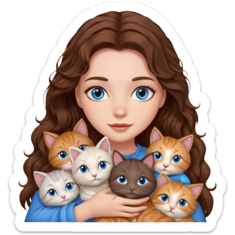girl with long wavy brown hair, blue eyes, long lashes makeup, cuddling with 6 cats sticker