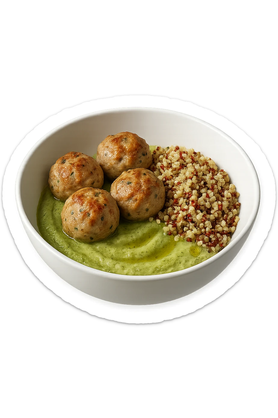 bowl bianca fluttua in aria con polpette di tacchino, purè di zucchine, quinoa e olio di oliva, iperrealistico 4k sticker