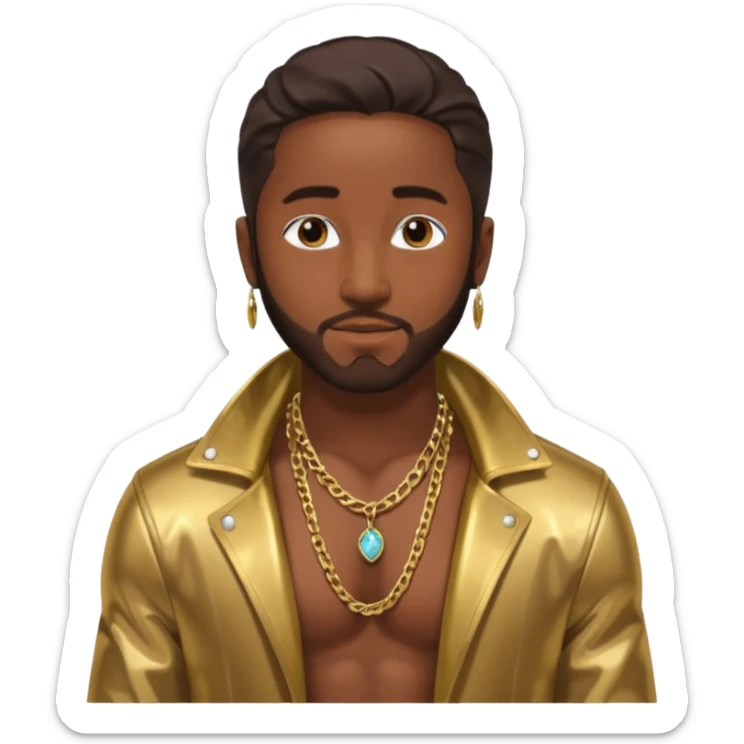 Omarion with long dark brown hair, shirtless with necklace, metallic bronze jacket sticker