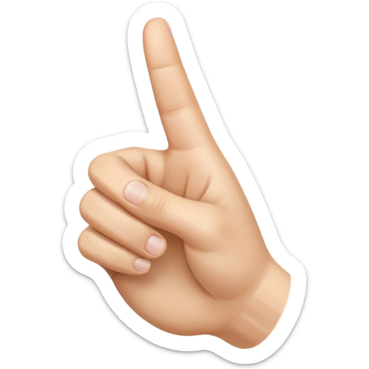 A realistic close-up photo of a right hand entering the frame from the bottom right corner, back of the hand facing the camera, pointing diagonally upwards to the left with only the thumb and index finger extended in a finger gun or L-shape gesture, other fingers closed and tucked in. sticker