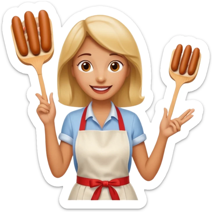 A cheerful woman selling hotdogs, waving a tongs in one hand. sticker