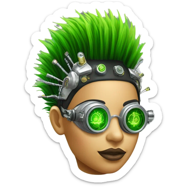 Neon green Mohawk hair Latina female cyborg head with silver steampunk goggles and circuits sticker