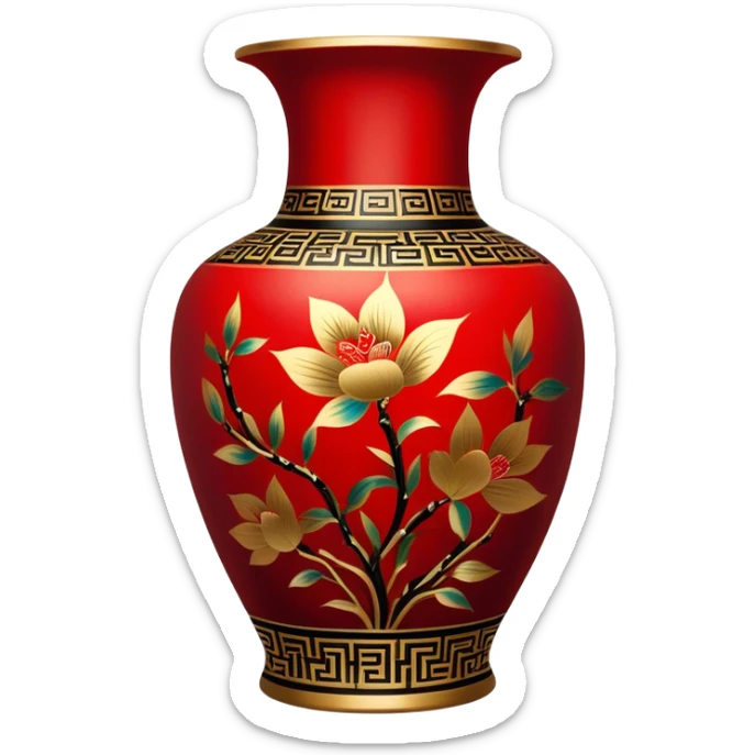 Chinese metal painting icon, intricate hand-painted Chinese patterns on metal vase, vibrant colors like red, gold, and black, delicate brushstrokes, visible fine paintbrush and metal surface, painting process, minimalistic style, clean lines, transparent background. sticker