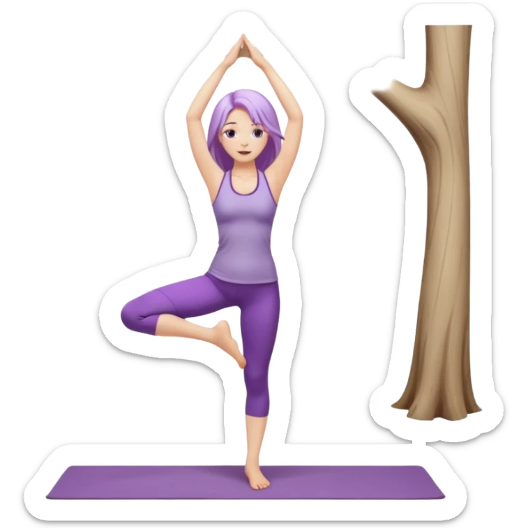 Девушка белокожая, с длинными светло-фиолетовыми волосами, в одежде для йоги, стоит в позе дерева на одной ноге, вторая нога согнута, руки вверху ладонь к ладони, в стиле бимбо пилатес, правильные пропорции, без дерева sticker