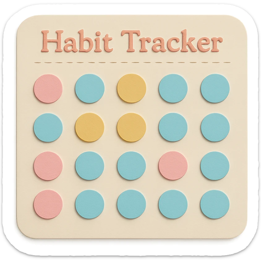Add the words 'Habit Tracker' in a soft pastel, gentle font at the top of the habit tracker grid, maintaining the paper craft style and delicate look. sticker