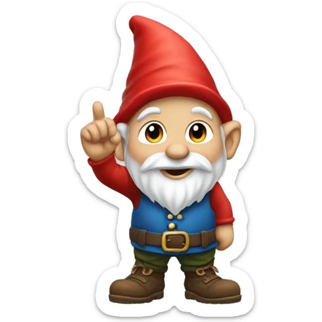 Gnome with the back of his left hand in front of him with his finger in the middle pointing up sticker