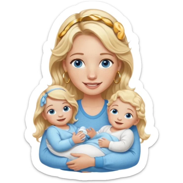 Wavy blonde, white woman with blue eyes, freckles hoop earrings, holding babies smiling and really cute in gold hoops she needs to be holding three newborns, and she needs to be more cute than pretty sticker