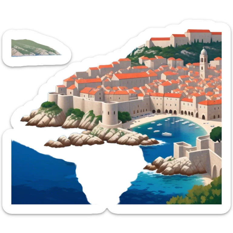 Dubrovnik – Cinematic Realistic Dubrovnik, depicted as a stunning coastal city with red-tiled roofs and ancient stone walls, set against the deep blue Adriatic Sea under warm Mediterranean light, rendered with rich textures that capture its enchanting beauty. sticker