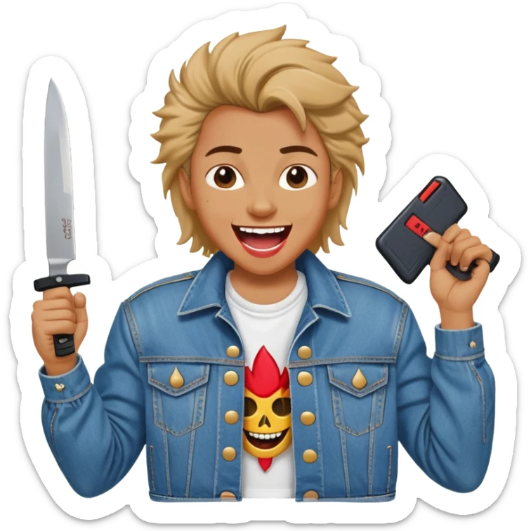 savage person wearing 80s 1988 outfit, denim jacket with shoulder pads, holding a knife, laughing maniacally sticker