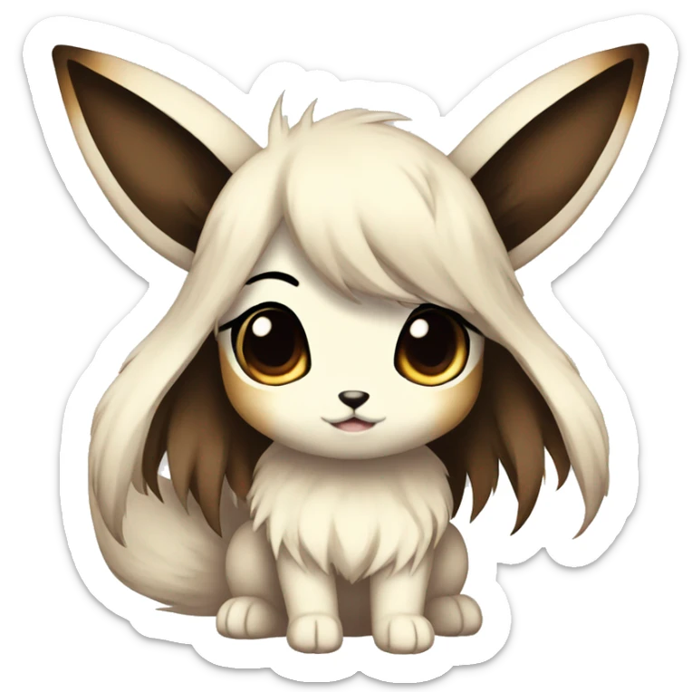 Kawaii Pale Shiny Eevee with dark brown long emo hair covering her eyes Full Body sticker