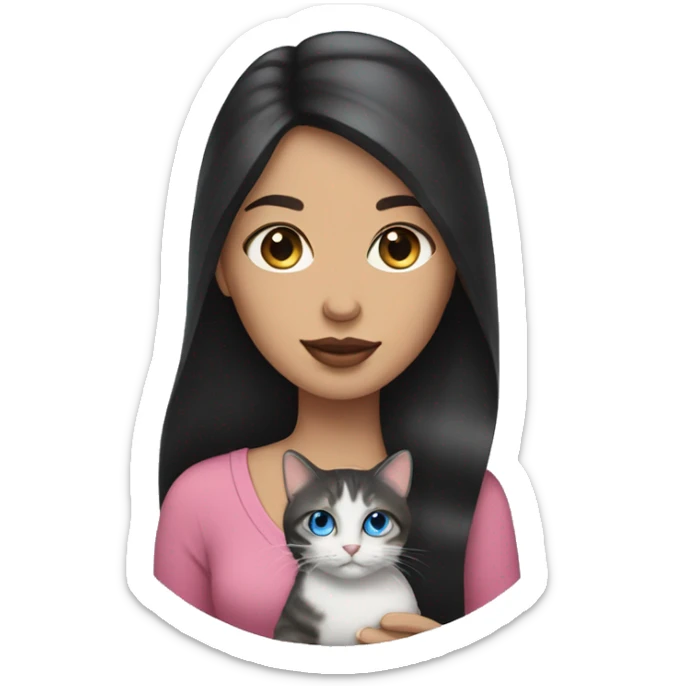 woman with long dark hair, pink lips,and blue eyes holding a tabby cat sticker