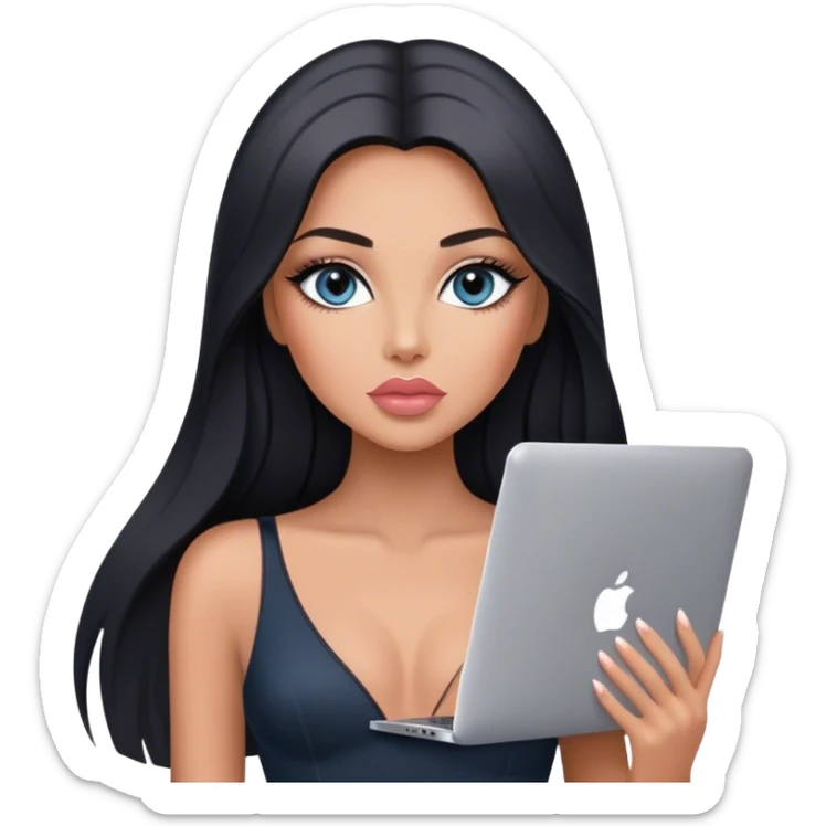 Glamours, tanned, very beautiful girl, with big pump peach-beige-rose lips, black straight smooth silky long hair, straight parting, blue-grey eyes, in black bodysuit holding MacBook sticker