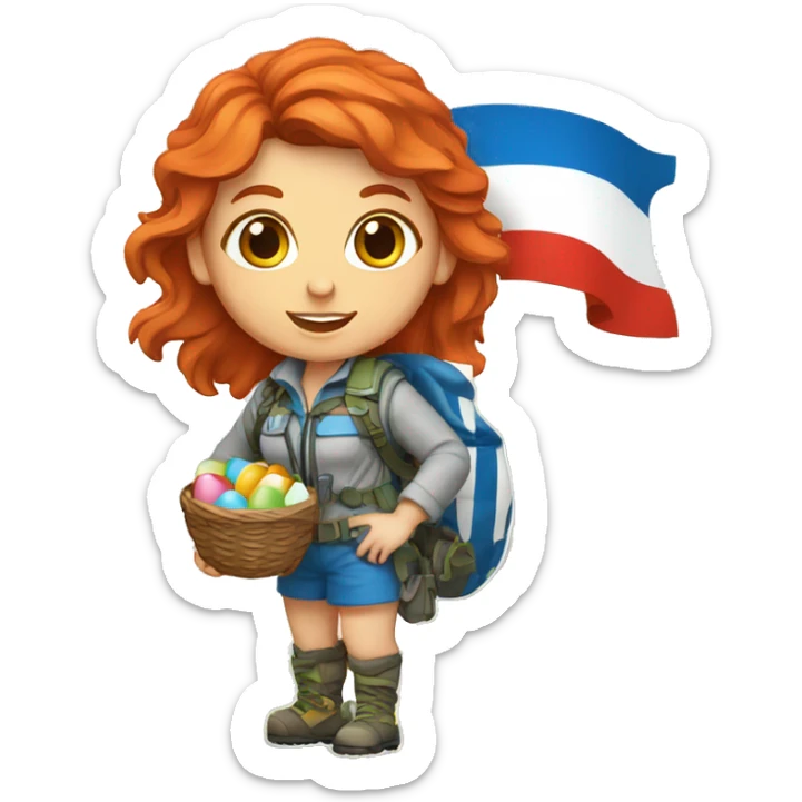 Female mountain climber red hair with Greek flag and holding Easter eggs basket sticker