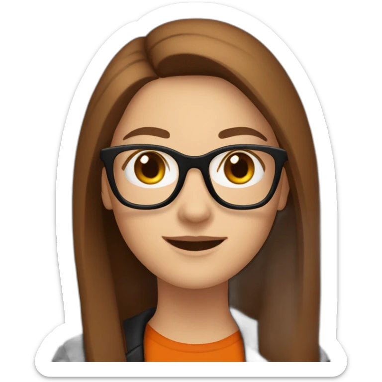 white woman with glasses with long straight brown hair waving wearing a dark orange shirt and black jacket sticker