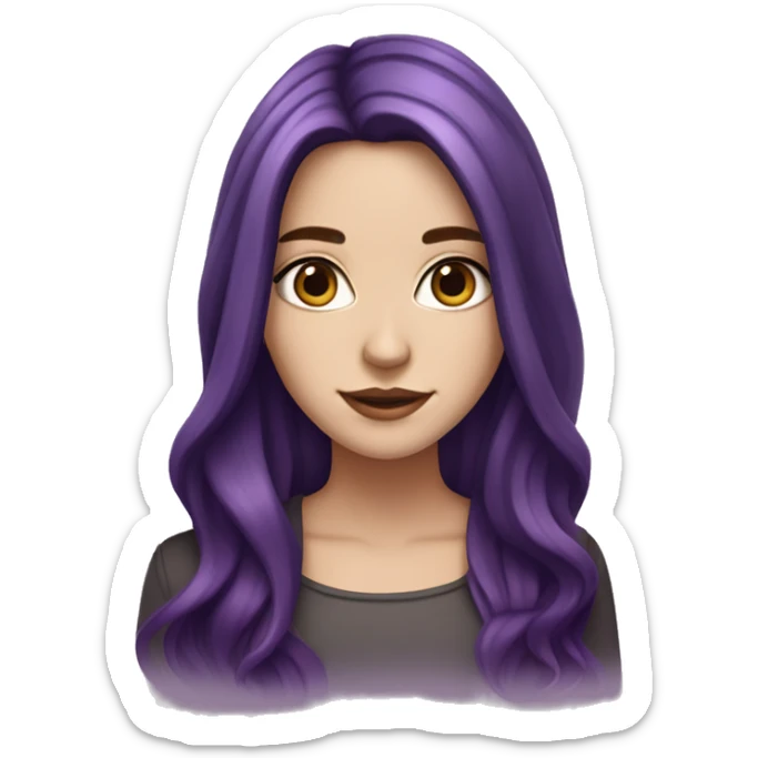 white girl with dark brown long hair with purple ombré and a hot chocolate sticker