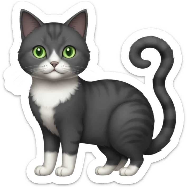 full body view of beautiful female solid dark grey cat with green eyes, white toes/paws and white patch on her chest sticker