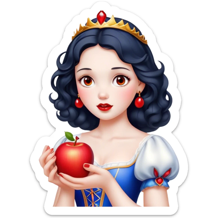 Cinematic Elegant Snow White Portrait Emoji, Delicately holding a red apple, eyes glimmering with mystery, soft curls perfectly placed, her royal presence glowing with a warm, enchanting charm! sticker