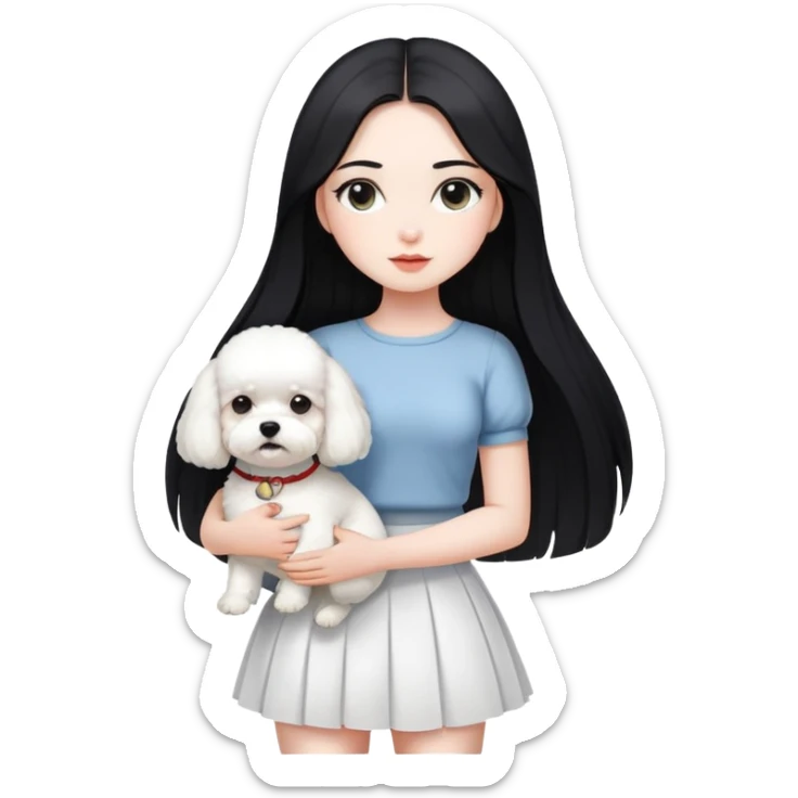 A beautiful girl with long straight black hair wearing a white skirt holding a small white Bichon Frise sticker