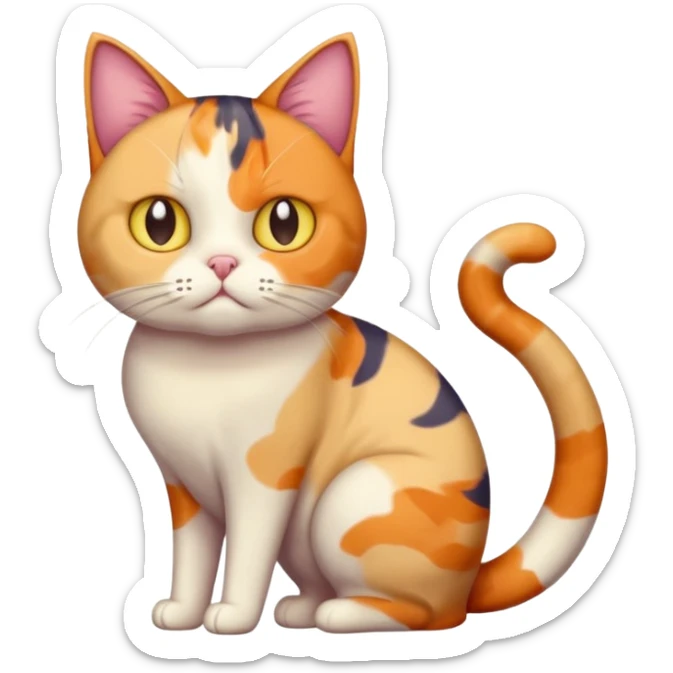 full body colourful calico cat with skinny head and fat body with an anxious face sticker