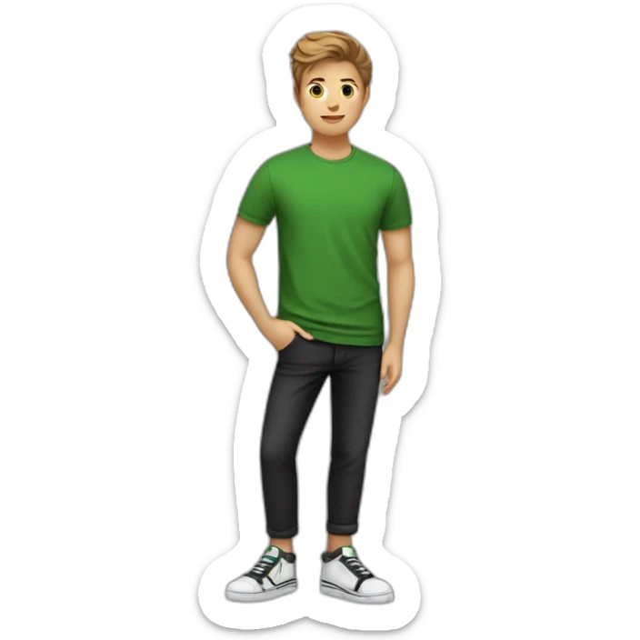jongen met een bruine huisdkleur en groen en t-shirt en zwarte broek en zwarte schoenen sticker